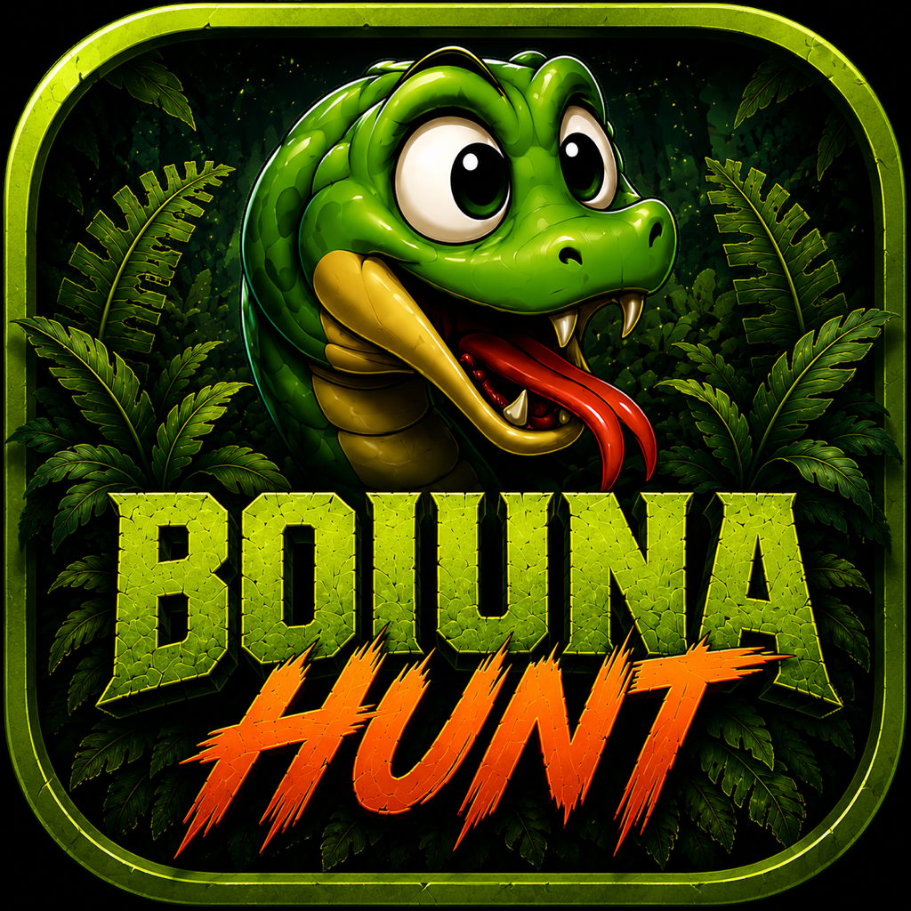 Boiuna Hunt's green cartoon snake and jungle game logo